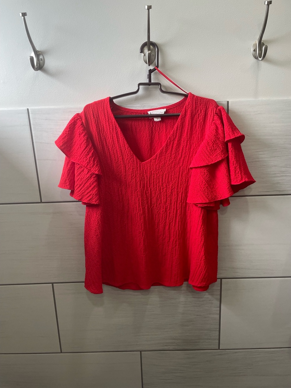Textured Ruffle Sleeve V-Neck Top - Red